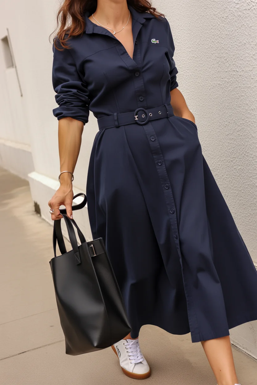 fall shirt dress outfit 2026 Classic Navy Elegance With Everyday Sneakers