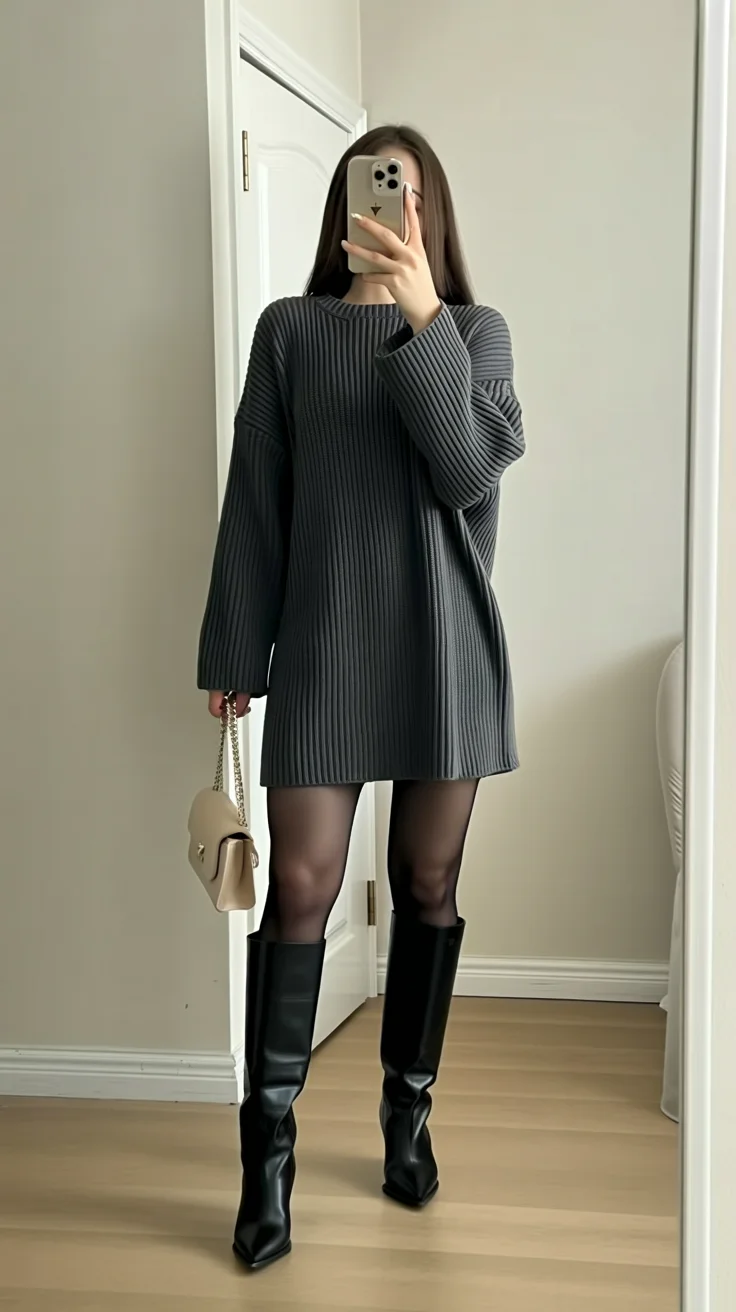 fall shirt dress outfit 2026 Oversized Knit Dress With Tall Boots