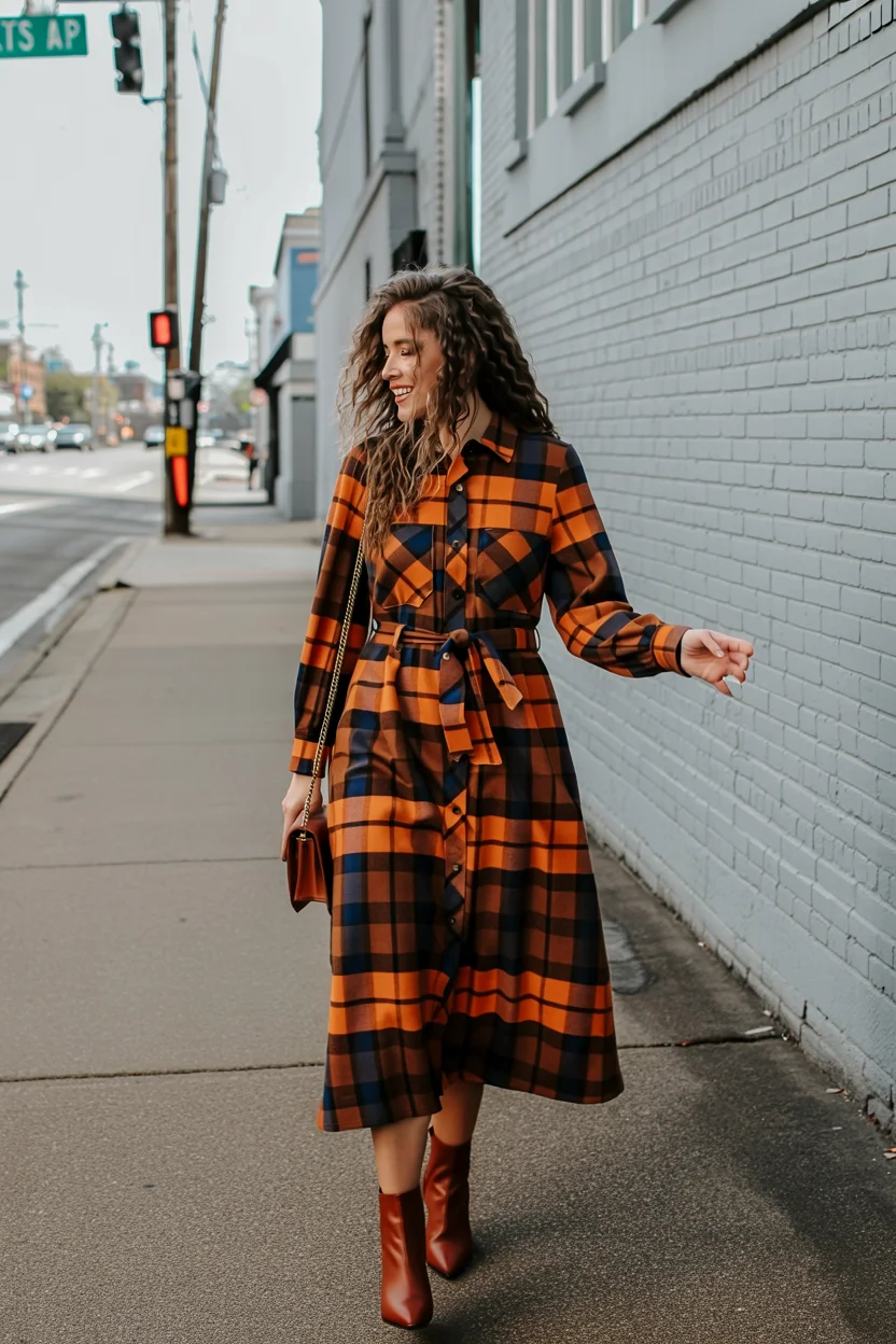 fall shirt dress outfit 2026 Warm Plaid Shades That Celebrate Autumn