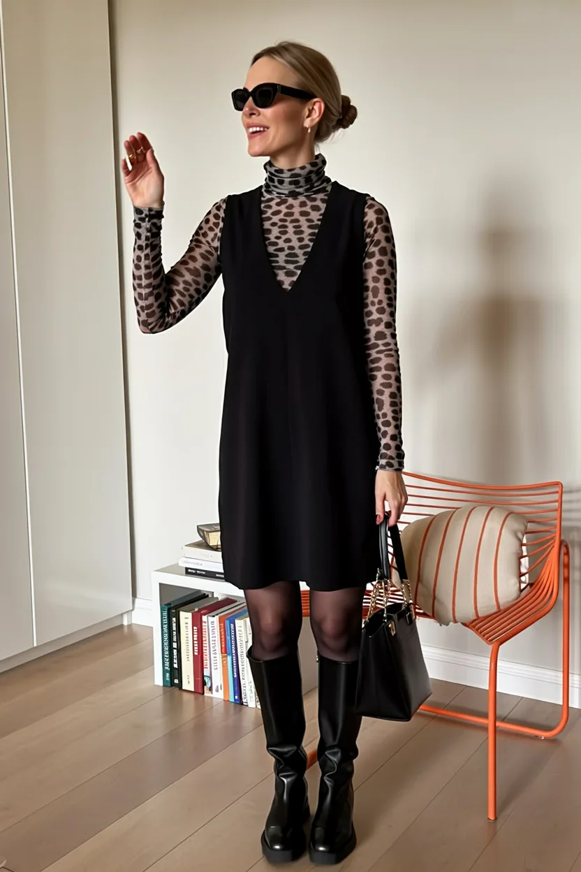 fall shirt dress outfit 2026 Modern Black Pinafore Styled With A Printed Turtleneck
