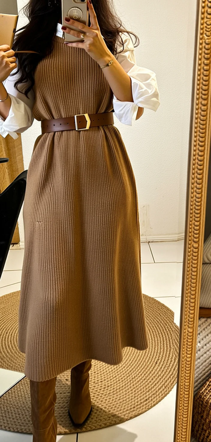 fall shirt dress outfit 2026 Belted Knit Dress Layered Over A Crisp Button Up
