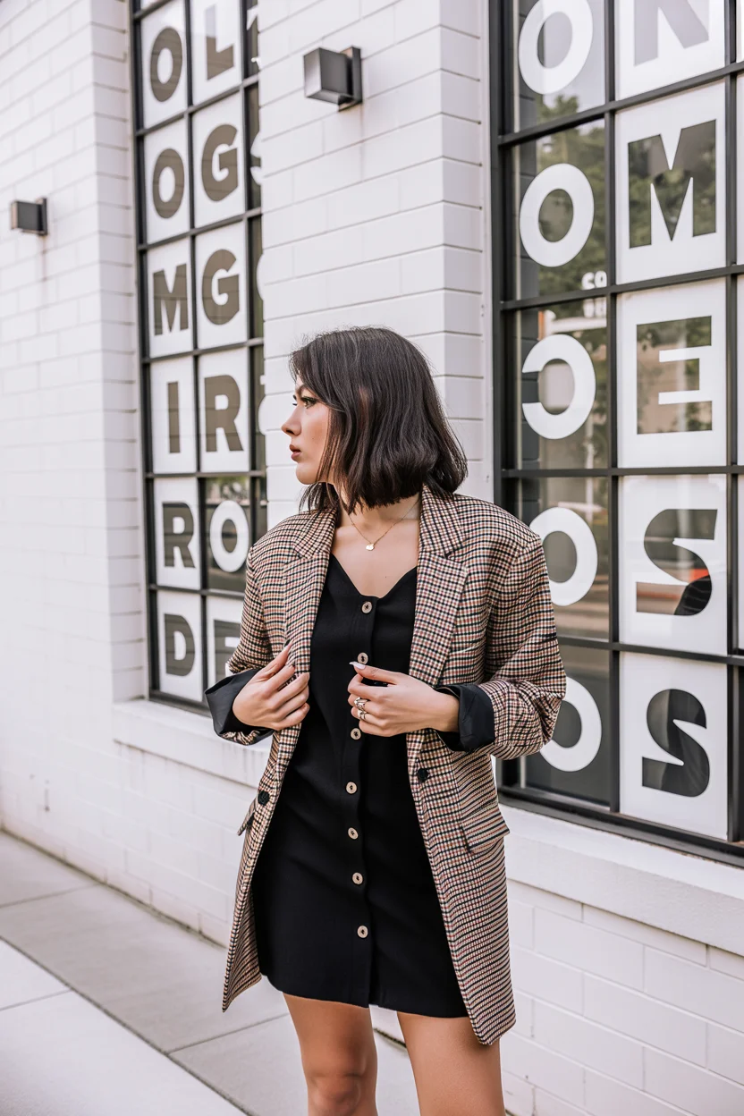fall shirt dress outfit 2026 Minimal Black Dress With Tailored Layers