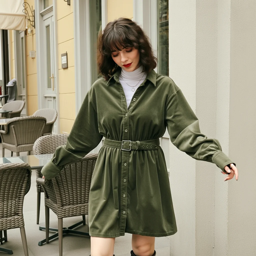 fall shirt dress outfit 2026 Olive Green Shirt Dress With Cozy Layering