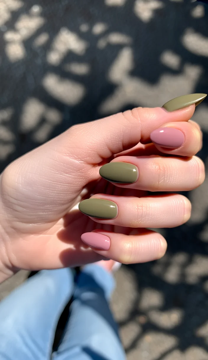 Nail Colors for August 2026 - end of summer Olive Green And Blush Pink For A Chic Seasonal Contrast