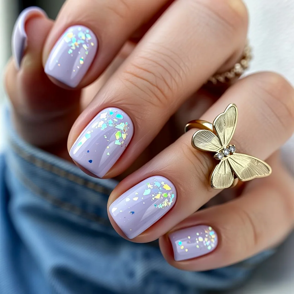 Nail Colors for August 2026 - end of summer Soft Lilac Sparkle With Delicate Iridescent Flakes