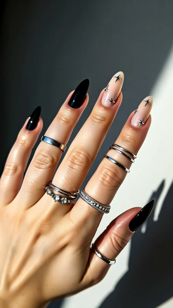 Nail Colors for August 2026 - end of summer Minimal Black Nails With Modern Star Details