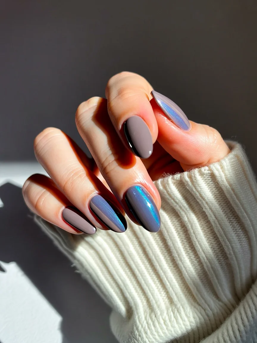 Nail Colors for August 2026 - end of summer Cool Taupe With Blue Chrome Highlights