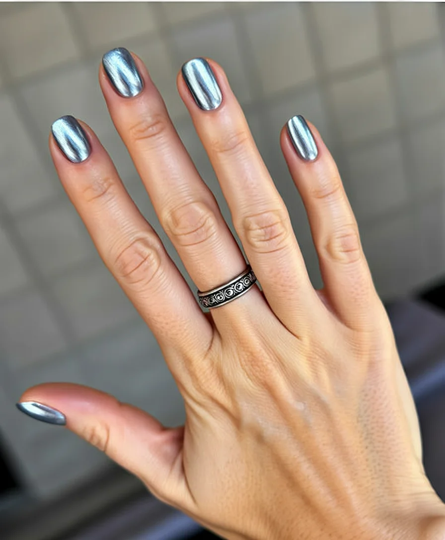 Nail Colors for August 2026 - end of summer Liquid Silver Chrome For A Bold Modern Finish