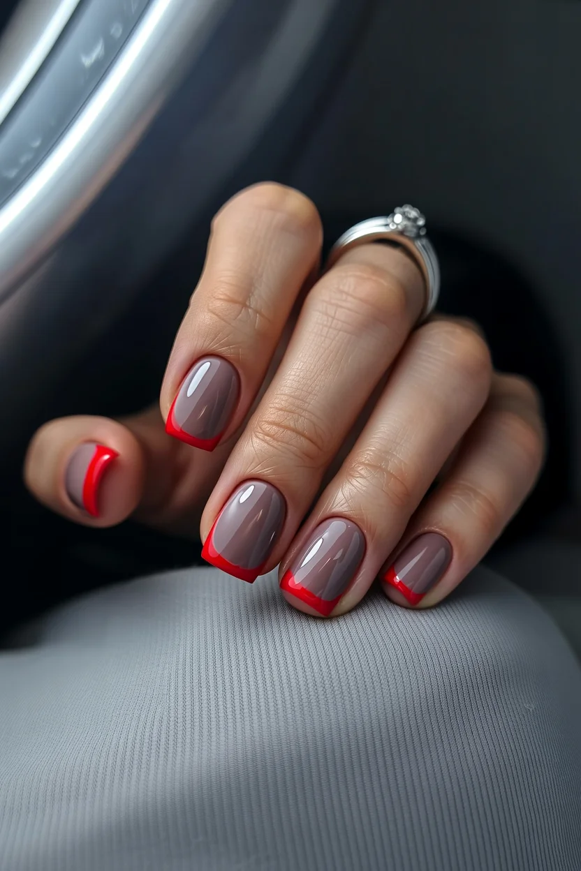 Nail Colors for August 2026 - end of summer Smoky Taupe With Bold Cherry Red Tips