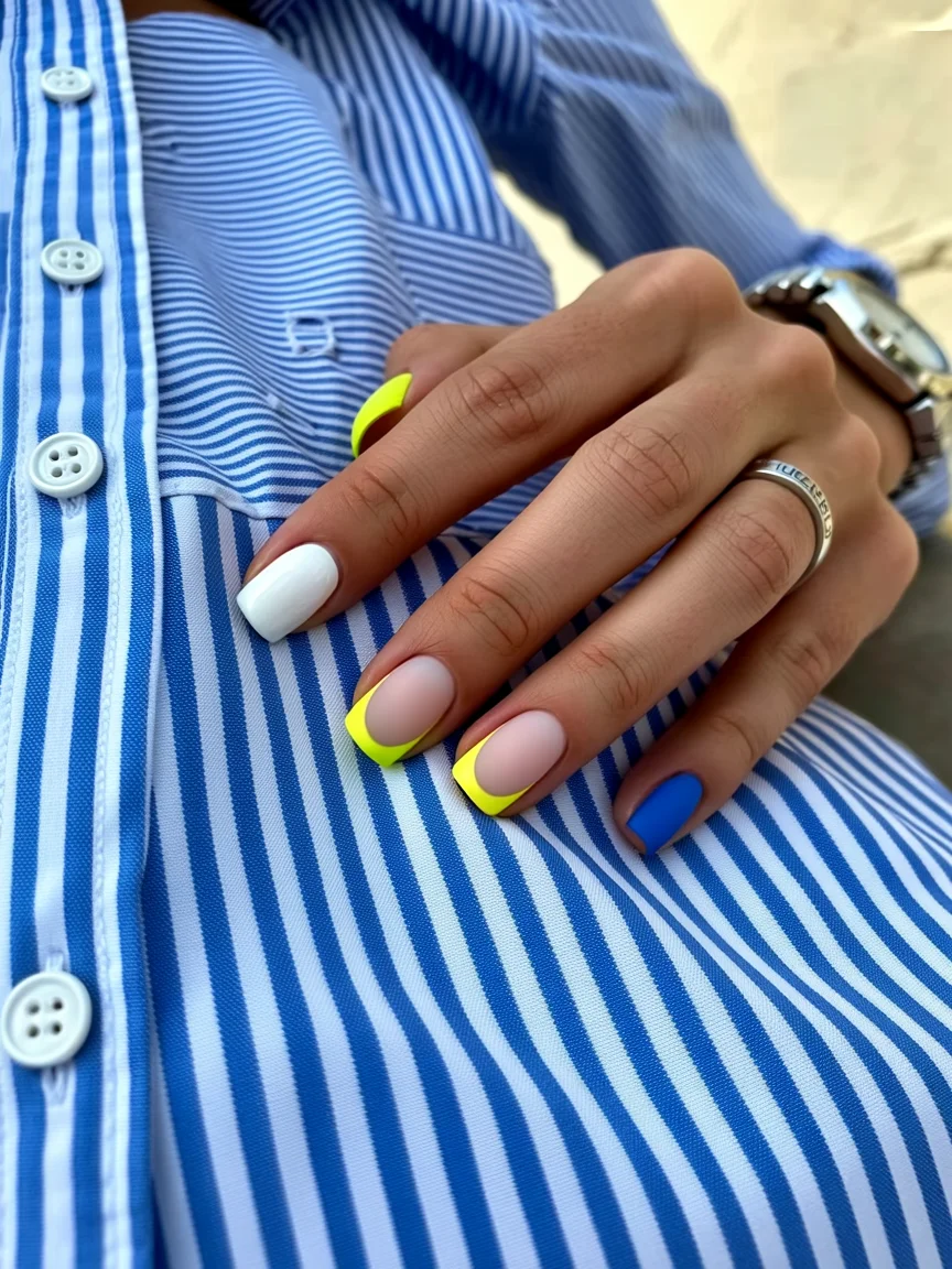Nail Colors for August 2026 - end of summer Electric French Tips With Coastal Blue Accents