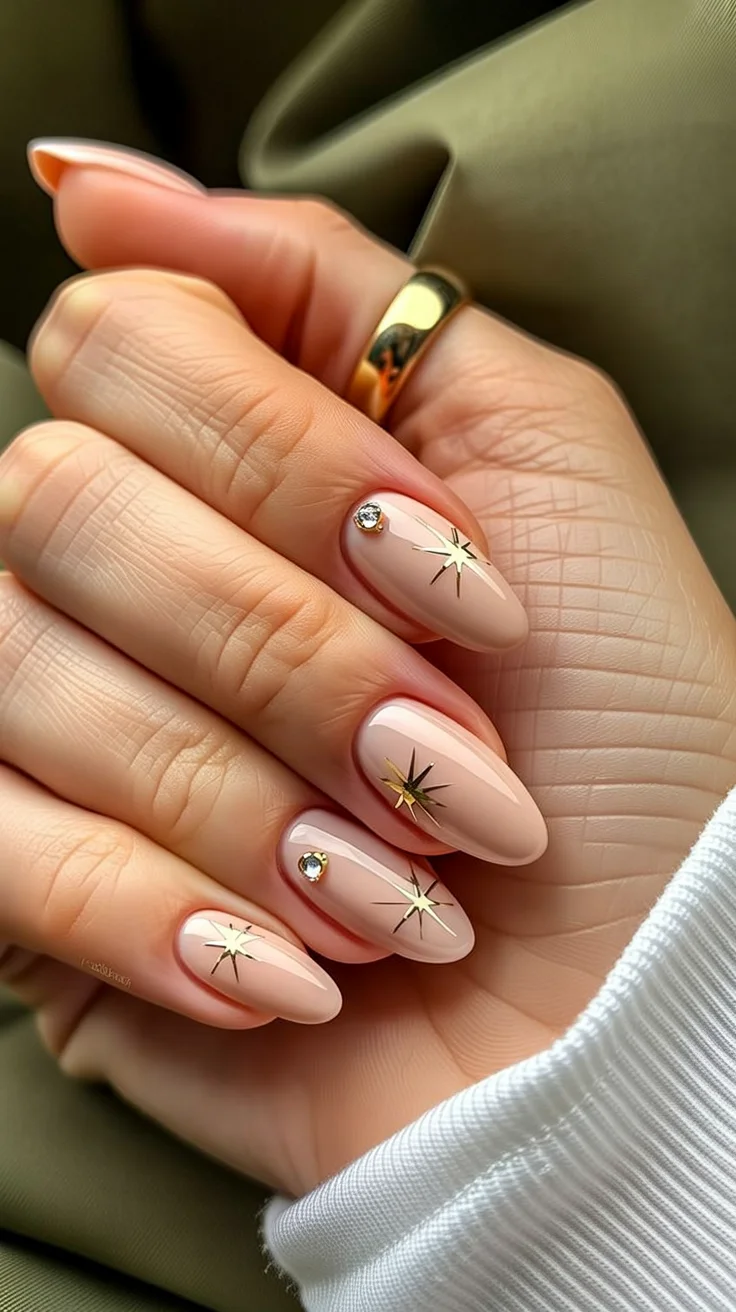 Nail Ideas for August 2026 Minimal Nude Nails with Golden Starburst Details