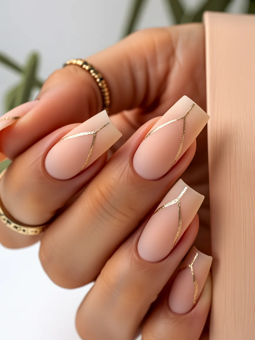 Nail Ideas for August 2026 Matte Nude Geometry with Delicate Gold Lines