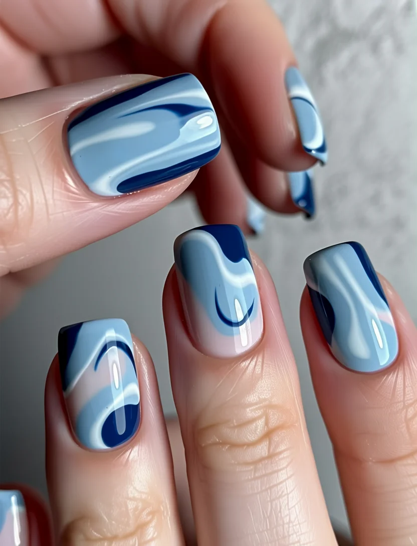 Nail Ideas for August 2026 Abstract Blue Swirls with Artistic Movement