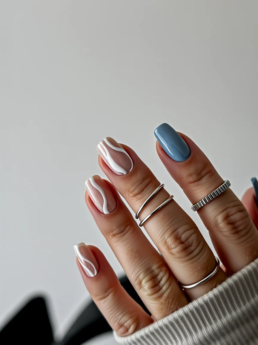 Nail Ideas for August 2026 Soft Blue and White Minimalist Waves