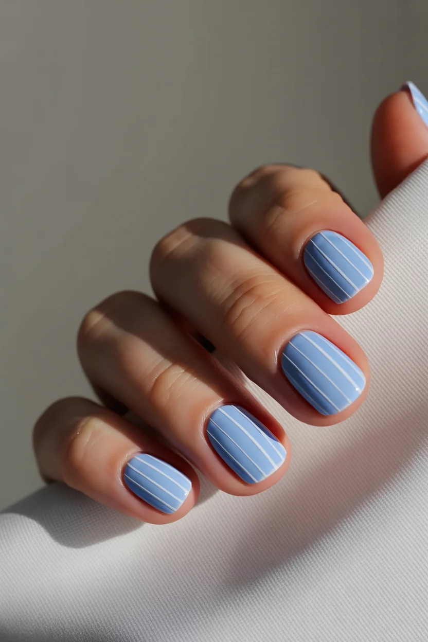 Nail Ideas for August 2026 - End of Summer Powder Blue Stripes with a Coastal Feel