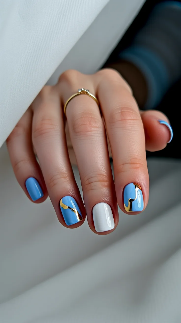 Nail Ideas for August 2026 Sky Blue Waves with Modern Gold Accents