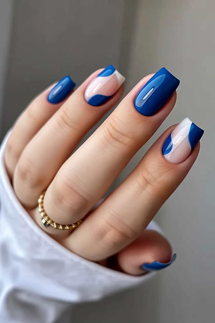 Nail Ideas for August 2026 Bold Cobalt Color Blocking with Contemporary Style