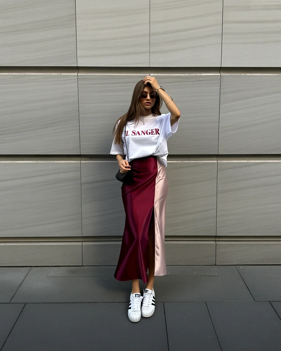 Trendy Outfits for August - End of Summer 2026 Satin Skirt and Sneakers for Modern Day to Night Style