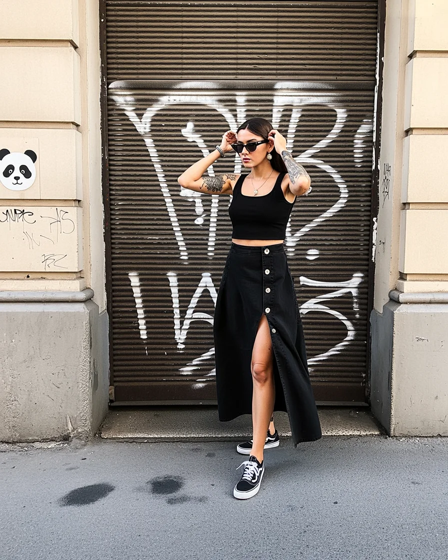 Trendy Outfits for August - End of Summer 2026 Monochrome Street Style with a Button Front Midi Skirt