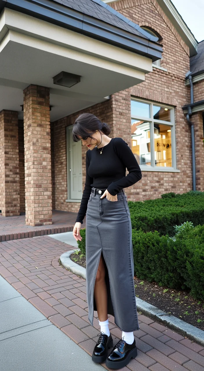 Trendy Outfits for August - End of Summer 2026 Dark Denim Maxi Skirt for the First Days of Early Fall