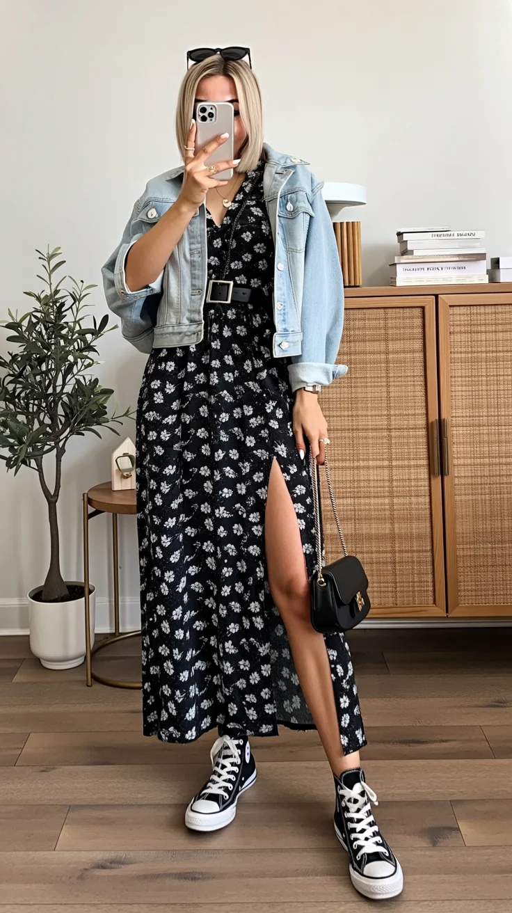 Trendy Outfits for August - End of Summer 2026 Floral Maxi Dress with Denim Jacket Charm