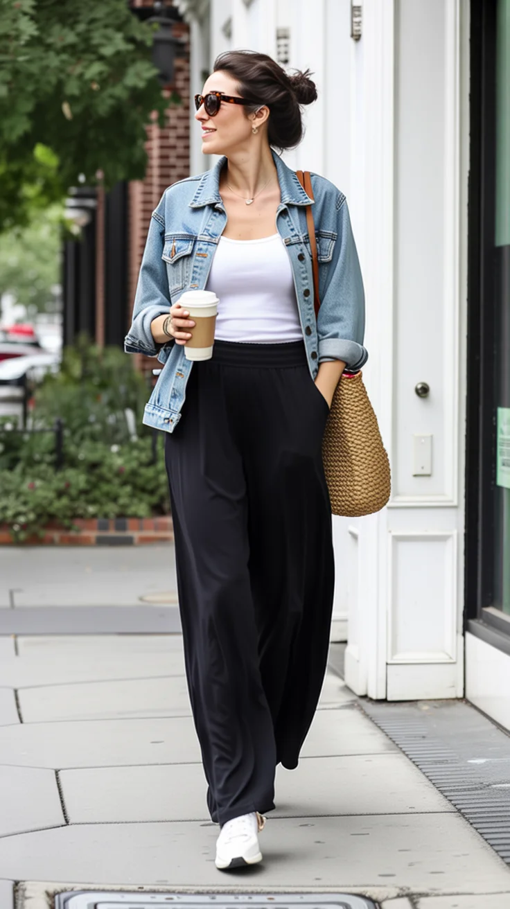 Trendy Outfits for August - End of Summer 2026 Relaxed Denim Jacket with Flowing Black Trousers