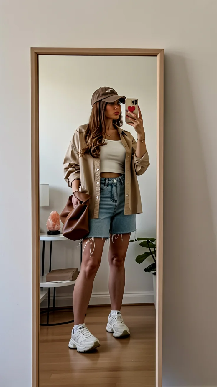 Trendy Outfits for August - End of Summer 2026 Relaxed Layers with Denim Shorts and Neutral Basics
