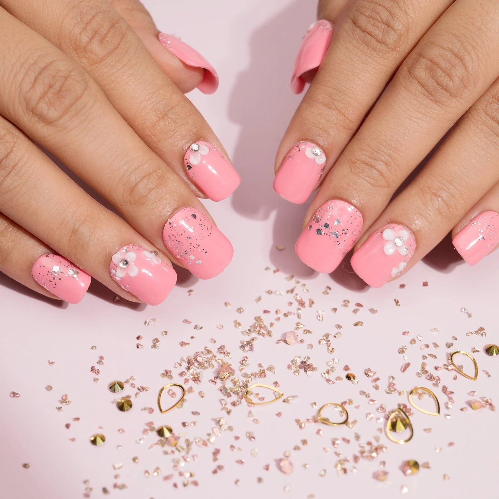 Short Square Pink With 3D Flowers Short Square Pink With 3D Flowers — 3D Nails Art Ideas