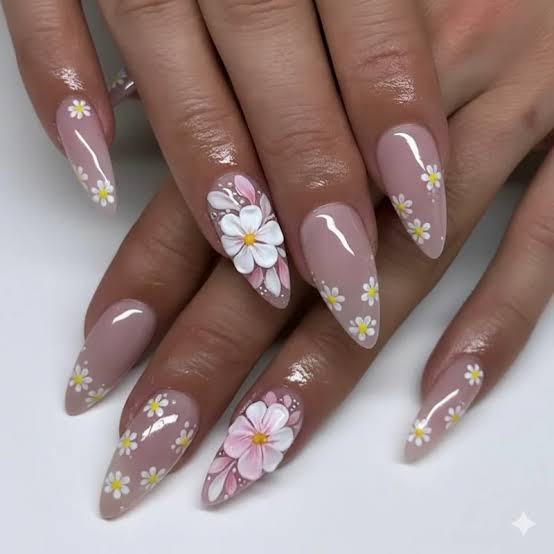 Medium Almond Large 3D Flowers, Glossy Medium Almond Large 3D Flowers, Glossy — 3D Nails Art Ideas