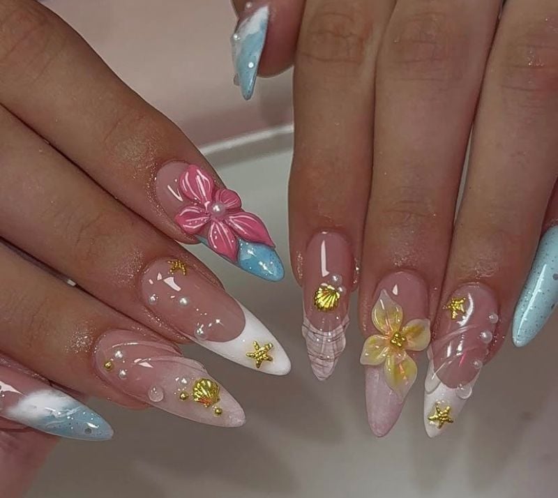 Long Almond Nails With 3D Flowers And Pearls Long Almond Nails With 3D Flowers And Pearls — 3D Nails Art Ideas