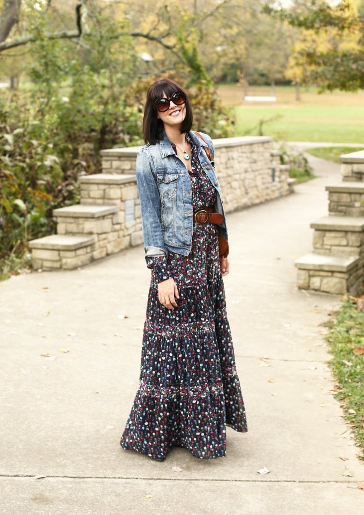 Denim Jacket Over Floral Maxi Dress Denim Jacket Over Floral Maxi Dress — 70s Style Inspiration