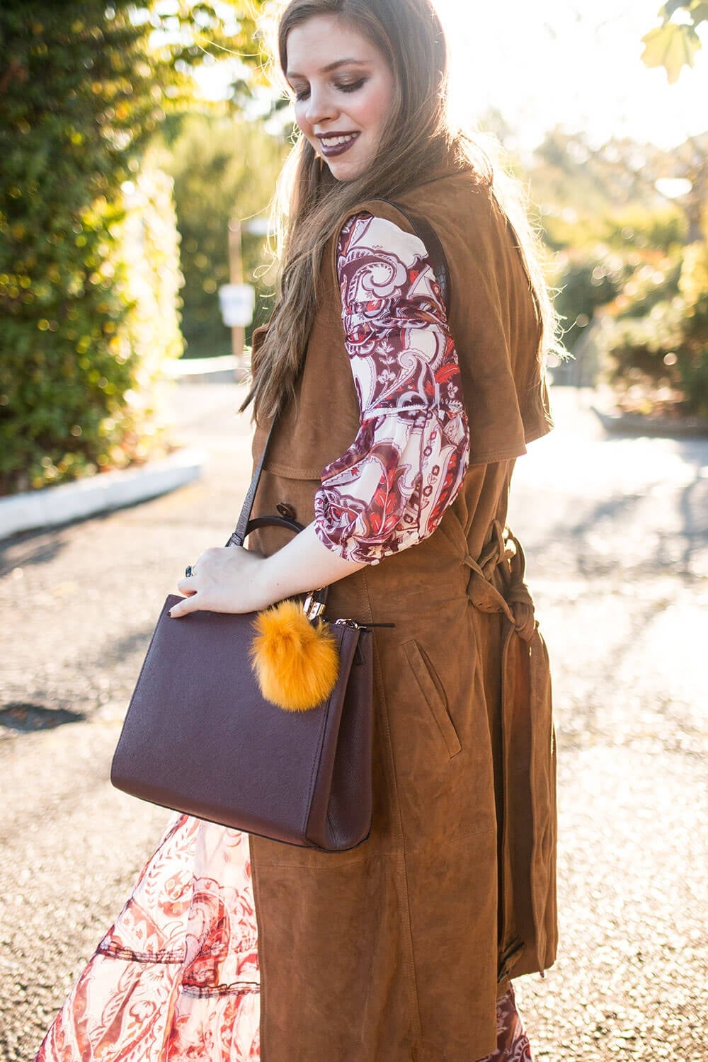 Suede Vest Over Paisley Maxi Dress Suede Vest Over Paisley Maxi Dress — 70s Style Inspiration