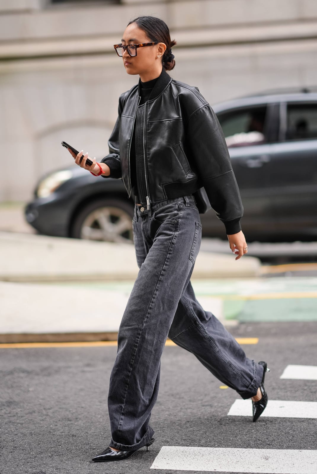 Black Turtleneck With Charcoal Barrel Leg Jeans — Aesthetic Black Barrel Jeans Outfit