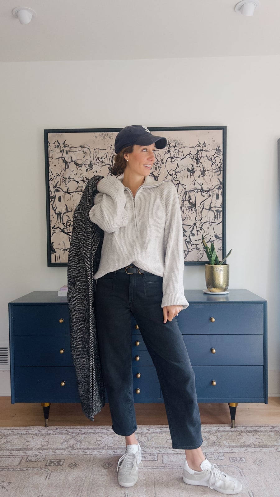 Gray Quarter-Zip Sweater With Black Barrel Jeans — Aesthetic Black Barrel Jeans Outfit