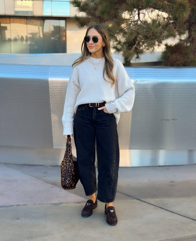 Oversized Cream Knit Sweater With Black Barrel Jeans — Aesthetic Black Barrel Jeans Outfit