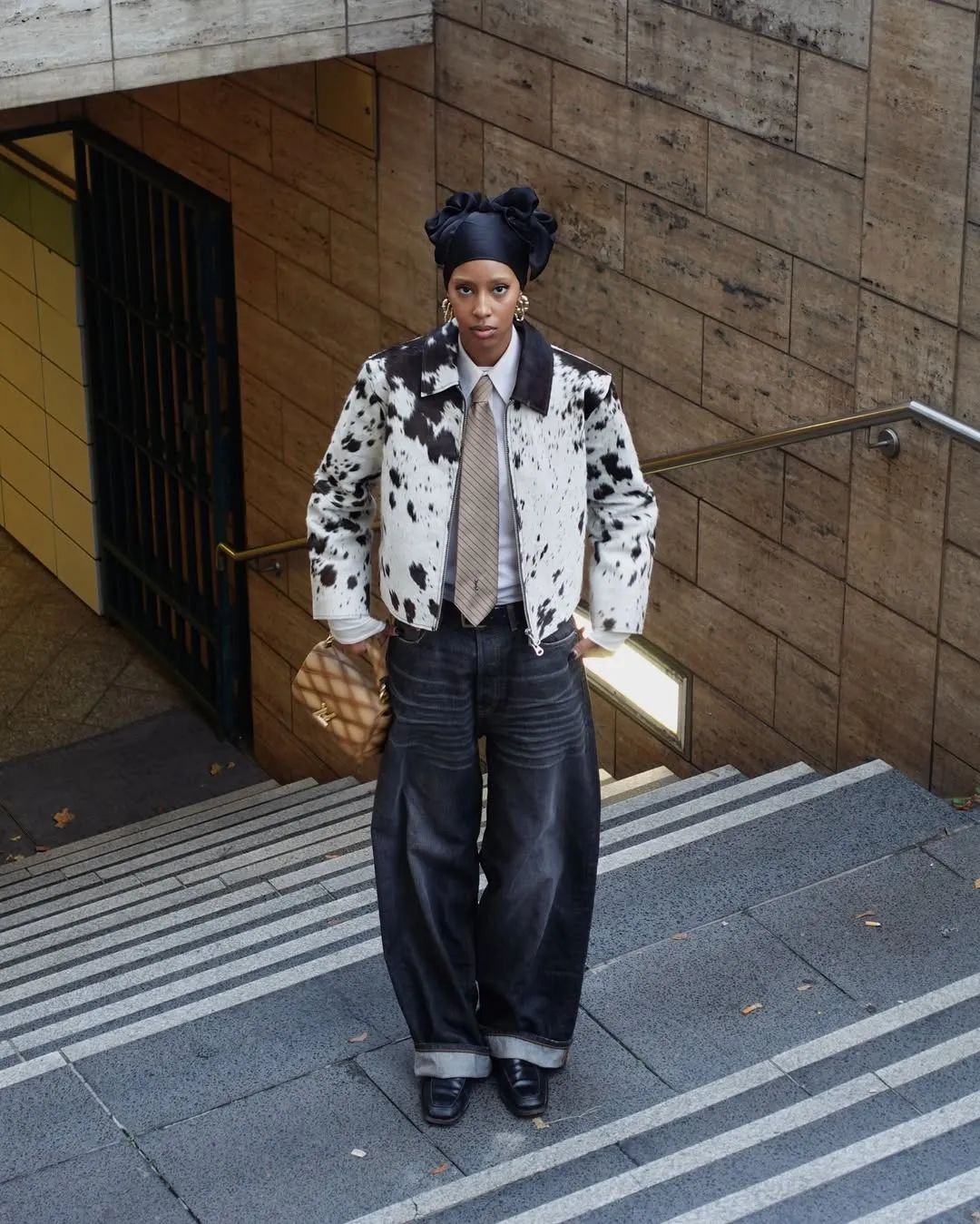 Cow Print Jacket With Black Barrel Jeans — Aesthetic Black Barrel Jeans Outfit
