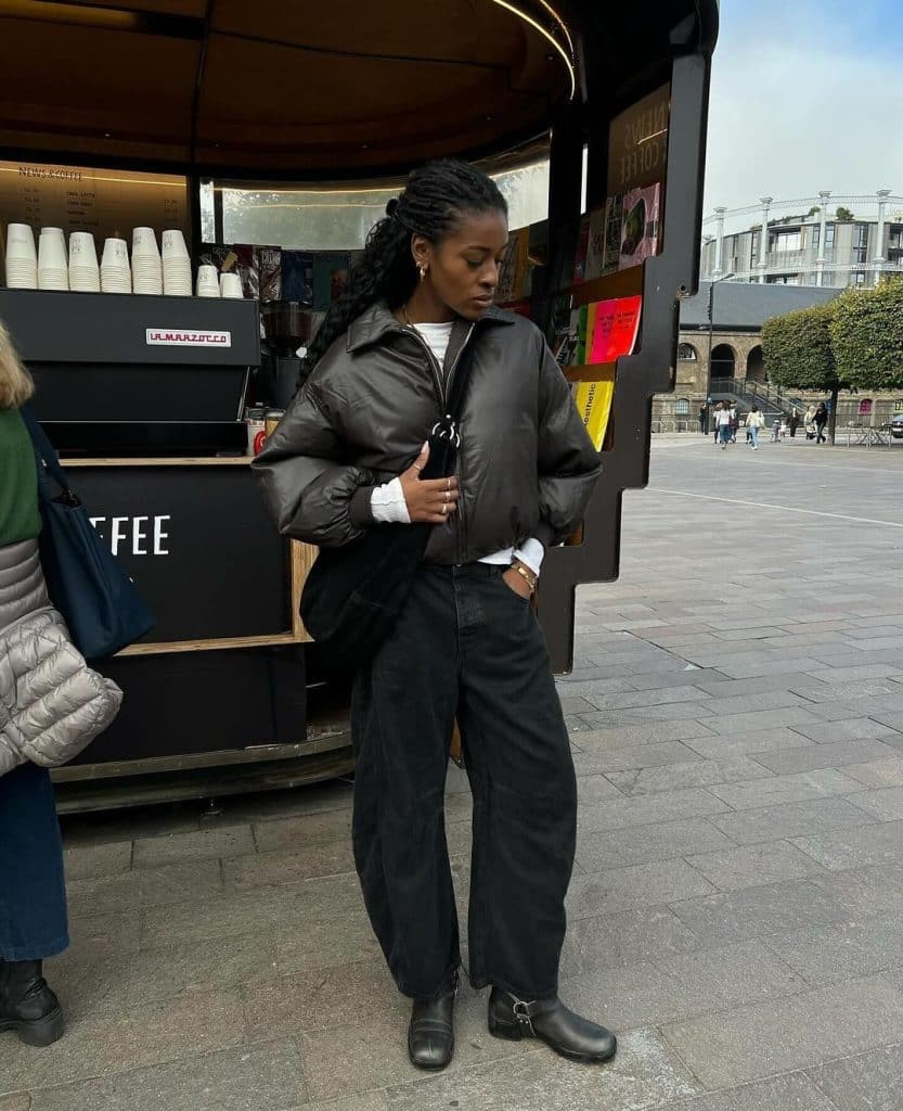 Black Puffer Jacket With Black Barrel Jeans — Aesthetic Black Barrel Jeans Outfit