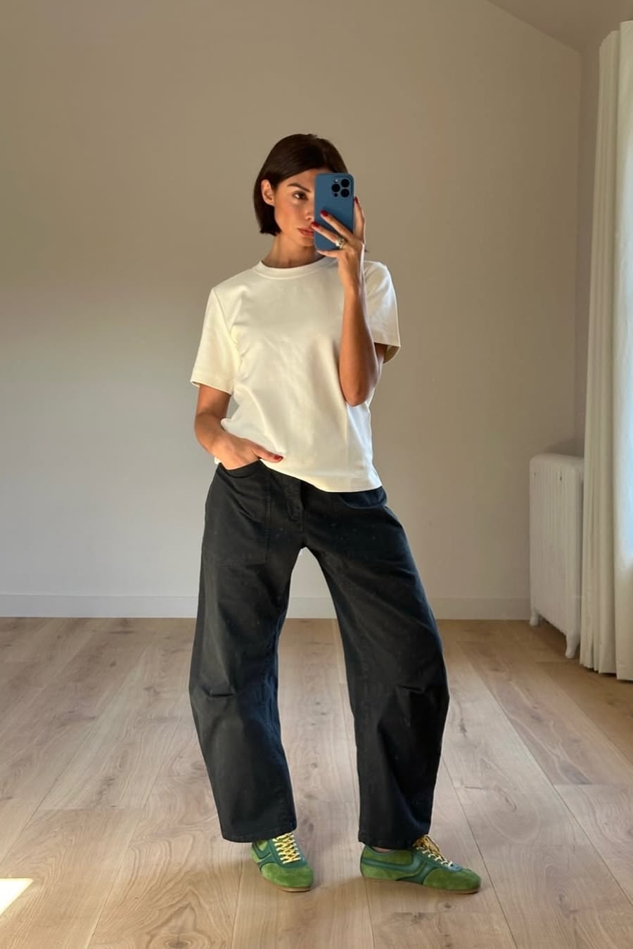 Minimalist White Tee With Black Barrel Pants — Aesthetic Black Barrel Jeans Outfit