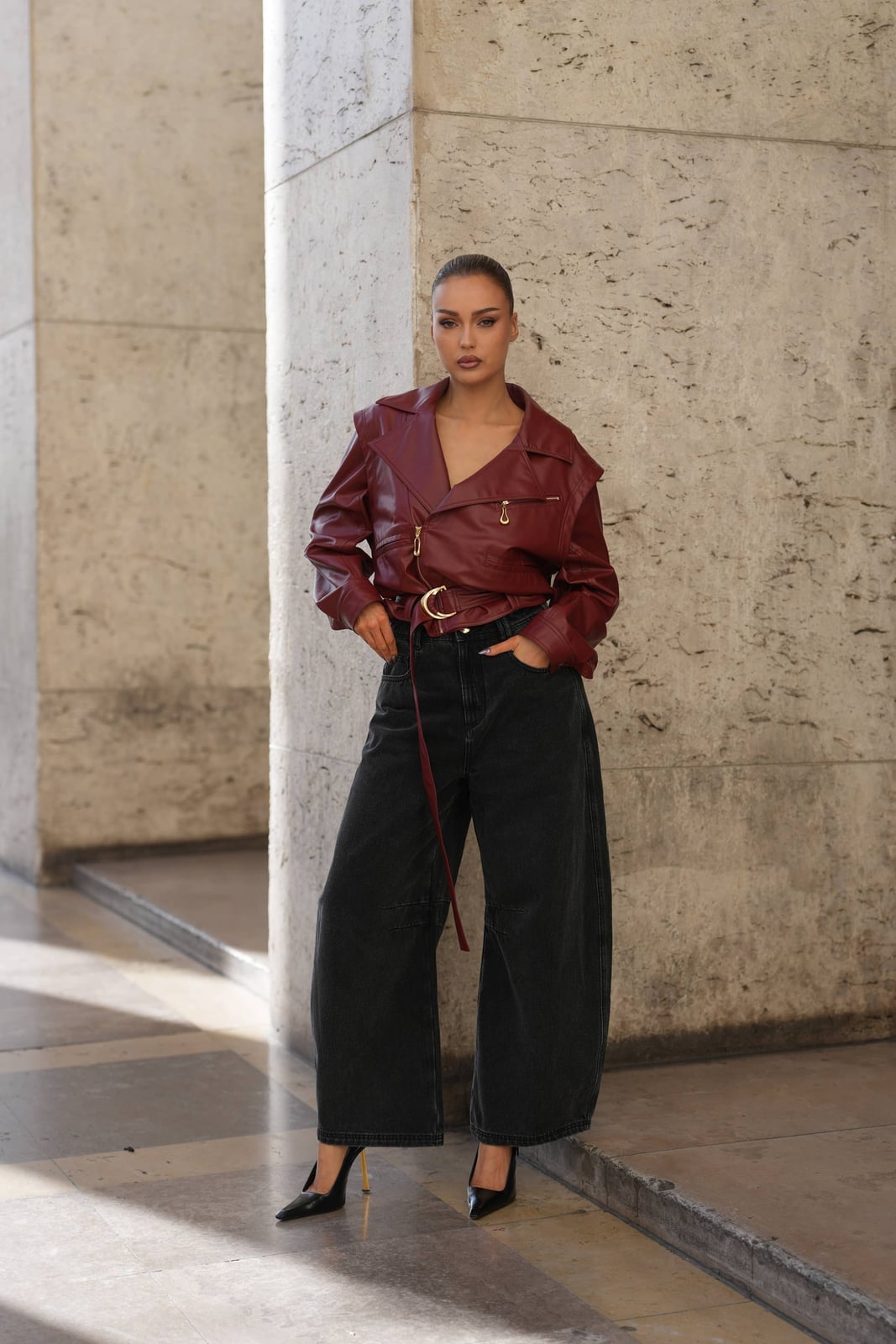 Burgundy Leather Jacket With Black Barrel Jeans — Aesthetic Black Barrel Jeans Outfit