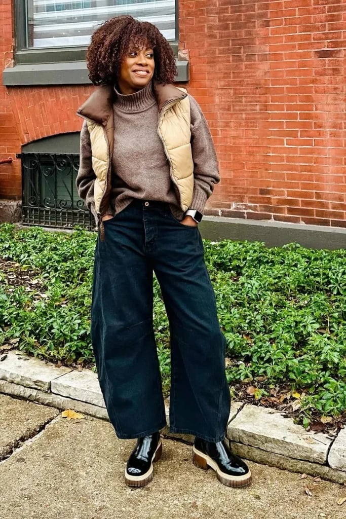Brown Puffer Vest With Black Barrel Jeans — Aesthetic Black Barrel Jeans Outfit