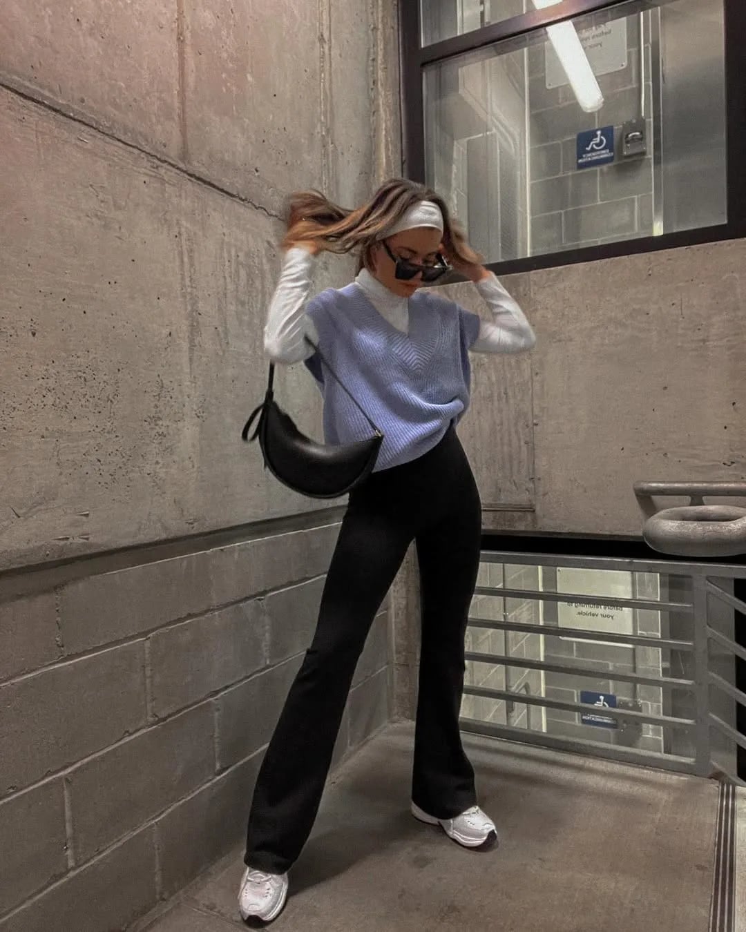Blue Knit Vest With Black Flare Leggings Blue Knit Vest With Black Flare Leggings — Aesthetic Black Flare Leggings Outfit