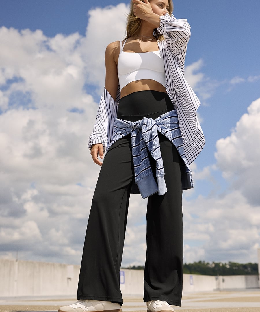 Striped Shirt Tied Over Black Flare Leggings Striped Shirt Tied Over Black Flare Leggings — Aesthetic Black Flare Leggings Outfit