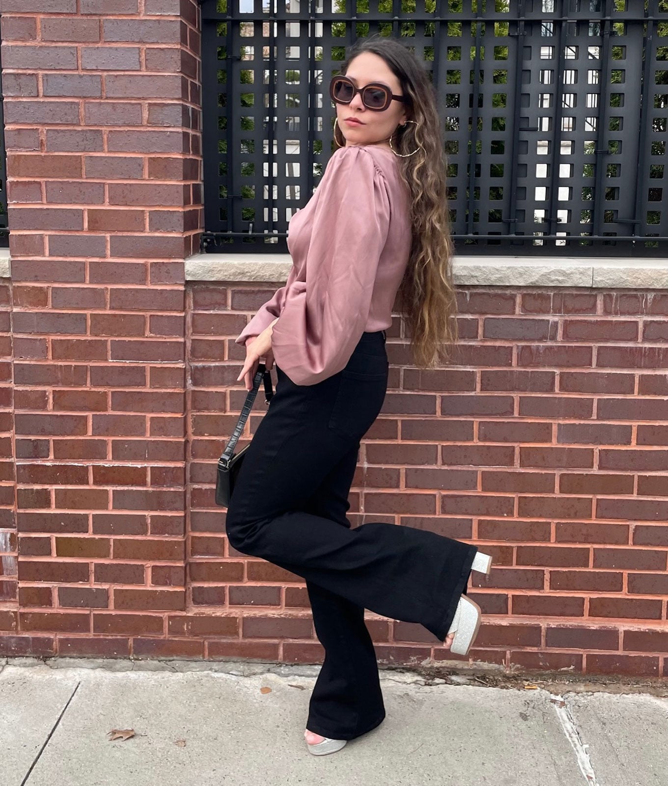 Pink Satin Blouse With Black Flare Leggings Pink Satin Blouse With Black Flare Leggings — Aesthetic Black Flare Leggings Outfit