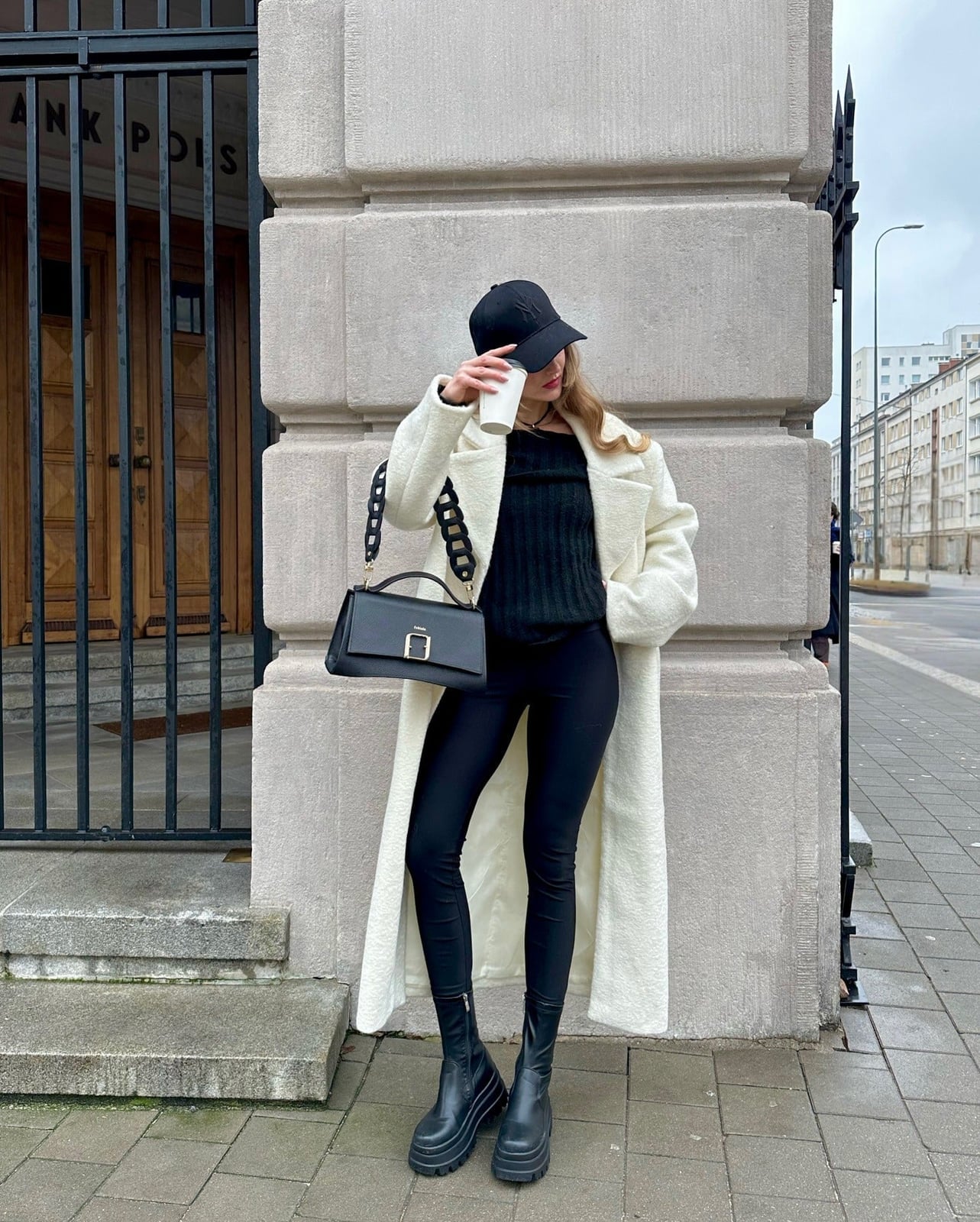 Cream Coat Over Black Leggings Cream Coat Over Black Leggings — Aesthetic Black Leggings Outfit