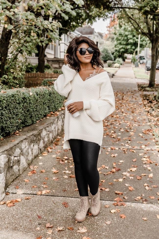 Textured Sweater With Faux Leather Leggings Textured Sweater With Faux Leather Leggings — Aesthetic Black Leggings Outfit