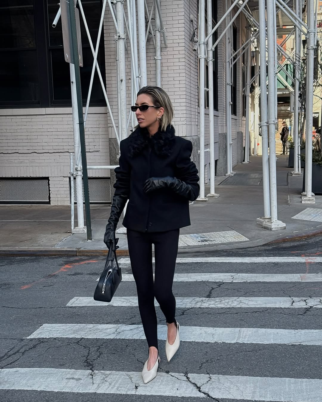 Cropped Jacket With Fur Collar and White Pointed-Toe Heels Cropped Jacket With Fur Collar and White Pointed-Toe Heels — Aesthetic Black Leggings Outfit