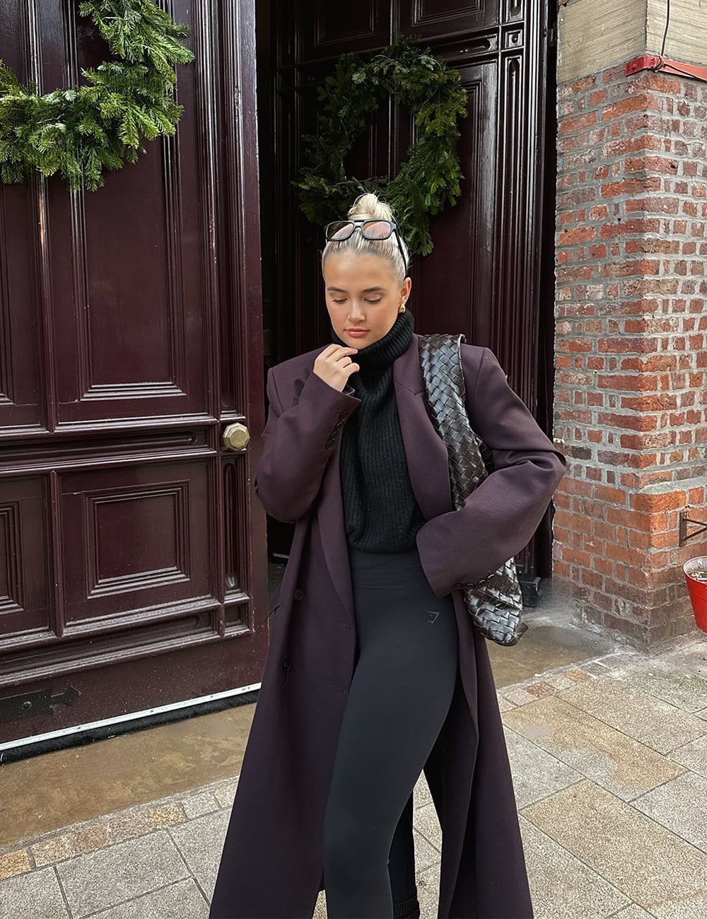 Dark Coat Over Black Leggings, Close-Up Take Dark Coat Over Black Leggings, Close-Up Take — Aesthetic Black Leggings Outfit