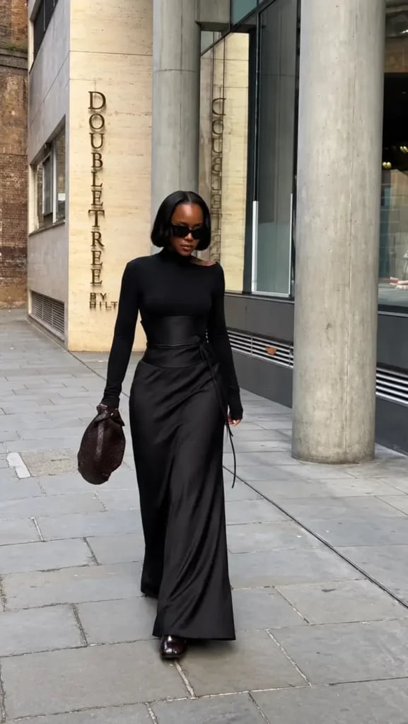 Black Turtleneck Sweater with a High-Slit Maxi Skirt Black Turtleneck Sweater with a High-Slit Maxi Skirt — Aesthetic Black Sweater Outfit