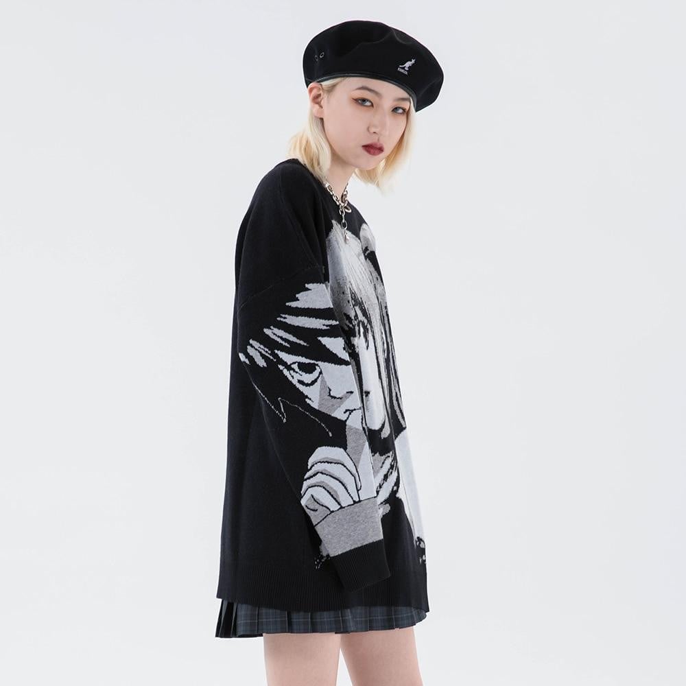 Oversized Graphic Sweater with Gray Pleated Skirt Oversized Graphic Sweater with Gray Pleated Skirt — Aesthetic Black Sweater Outfit