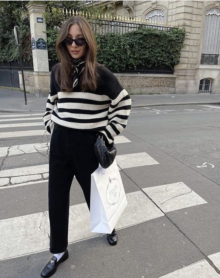 Striped Black and White Sweater with Black Trousers Striped Black and White Sweater with Black Trousers — Aesthetic Black Sweater Outfit